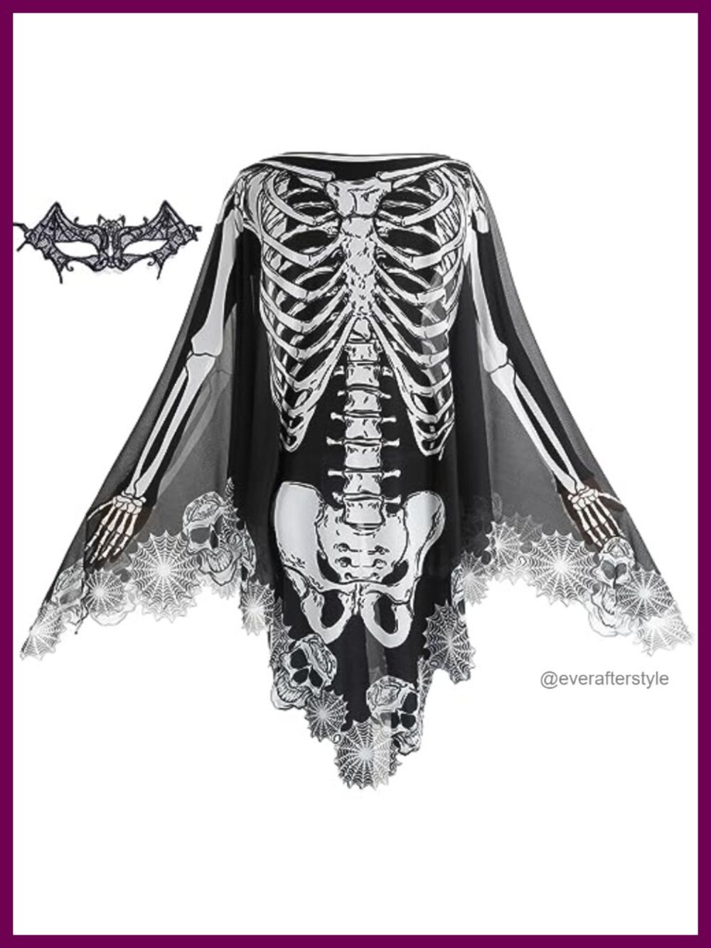 Womens Halloween Skeleton Poncho Sheer Mesh Cape Bat Mask Costume